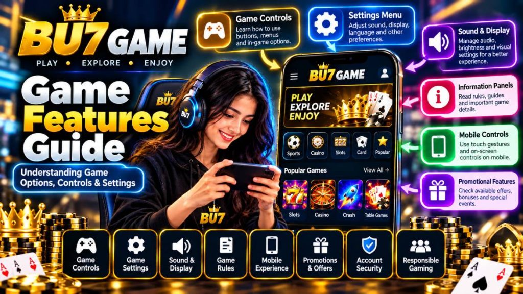 BU7 Game app features guide with mobile gaming controls, settings, promotions and account security