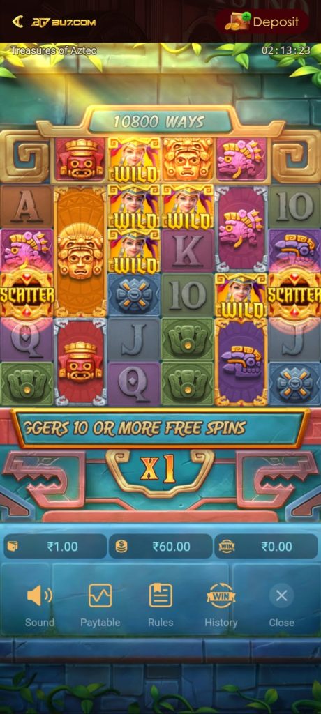 BU7 Game Treasures of Aztec slot game featuring colorful symbols and bonus controls