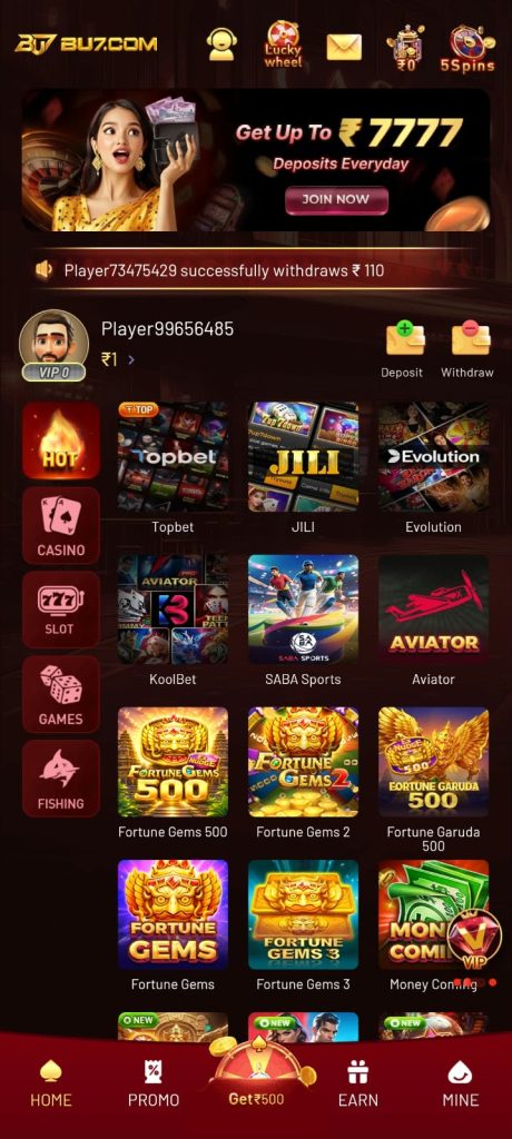 BU7 Game homepage featuring casino games, slots, sports, and account options