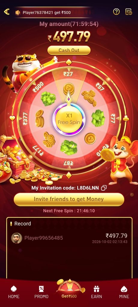 BU7 Game spin wheel interface displaying coin rewards, cash-out option, and referral code